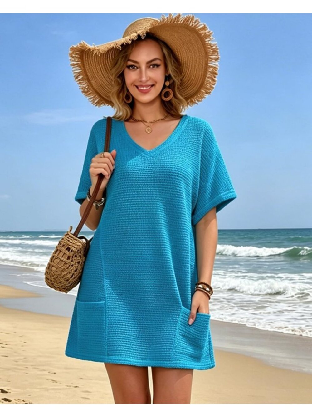 Women's Blue Polyester V Neck Coverup Swimwear Bathing Suit Crochet Cover Up - Picture 5 of 6
